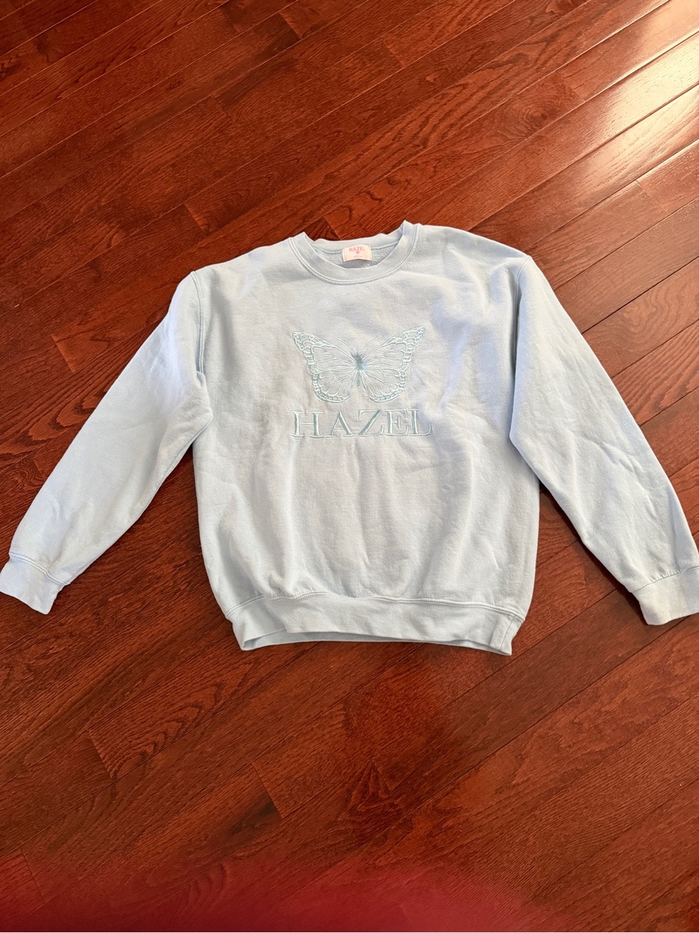 hazel Powder Blue Crewneck Sweatshirt with Embroidered Butterfly
